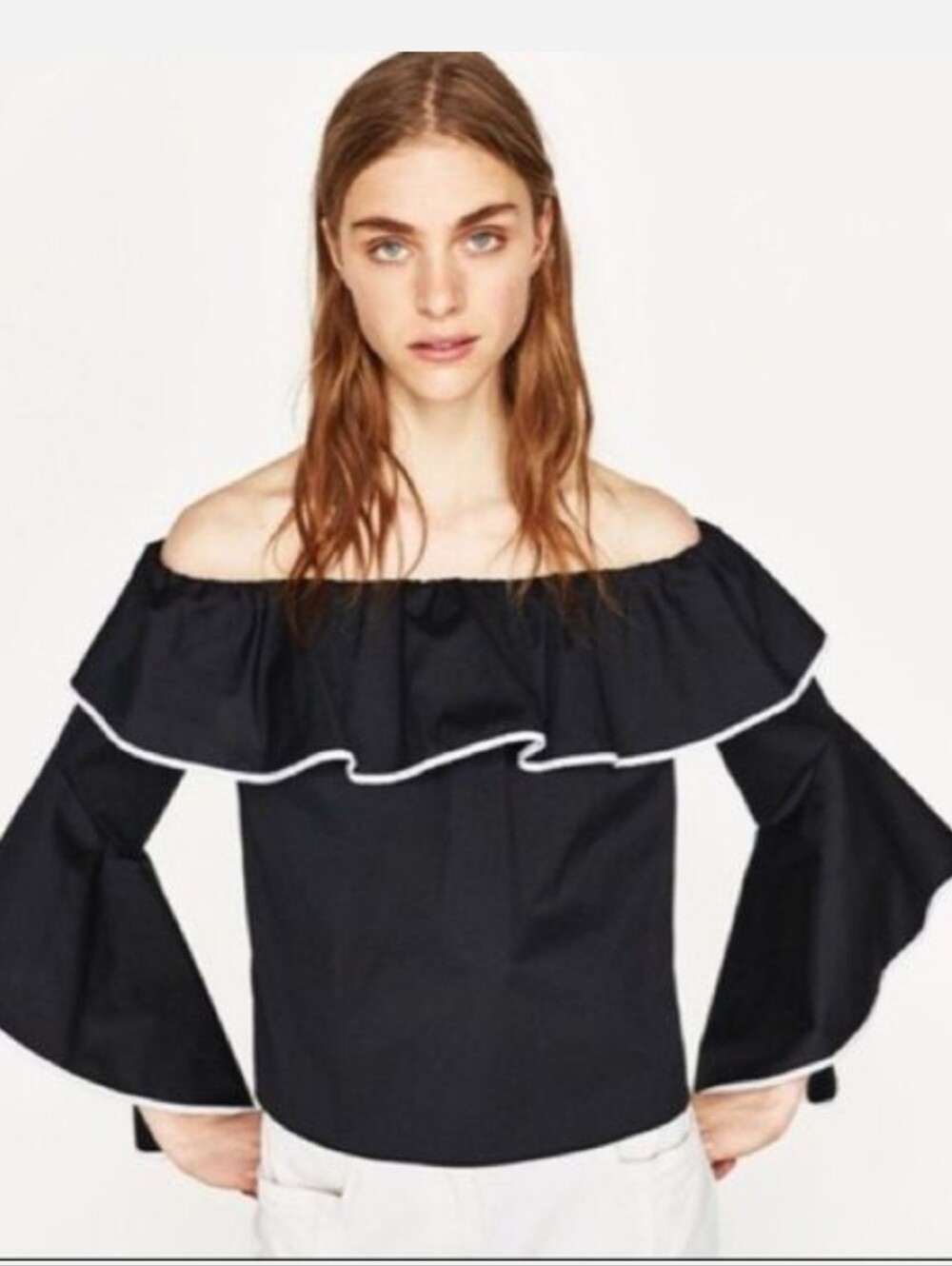 ZARA Basic Poplin Off-Shoulder Black Ruffle Top Bell Sleeves Women's XS Coquette